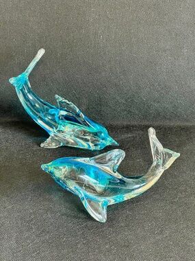 Pair of Hand Blown Art Dolphin Glass Paperweight Figurine Blue & Clear Glass 6”